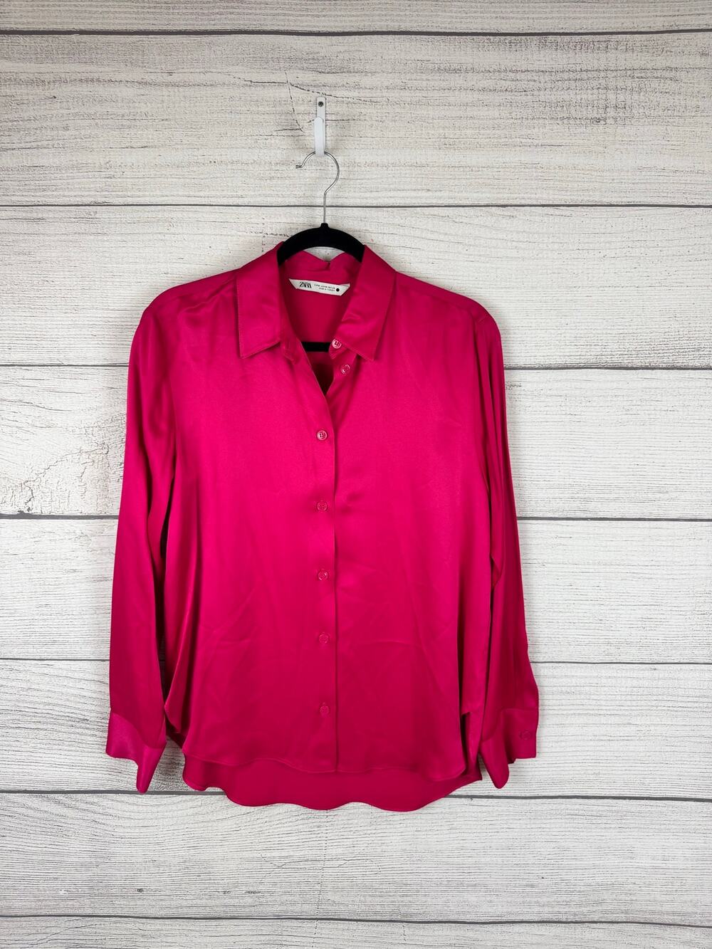 Zara Women's Hot Pink Button Up Satin Long Sleeve Top Size Medium